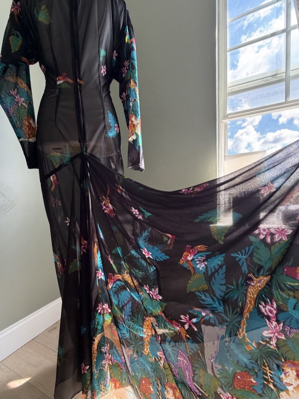 Vintage One Of A Kind Sheer Floral Maxi Dress Birds Animals Size 14